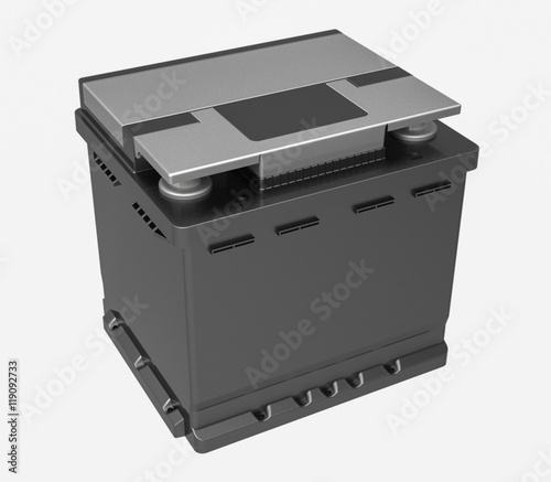 3D black car battery with gray caps and cover on white