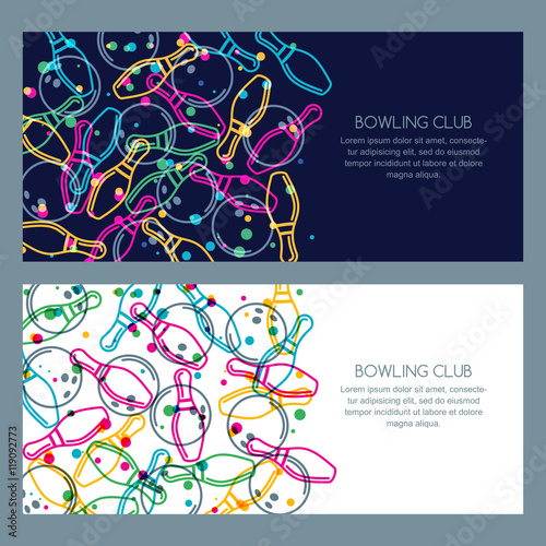 Set of bowling banner backgrounds, poster, flyer or label design. Abstract vector illustration of color linear bowling balls and bowling pins.