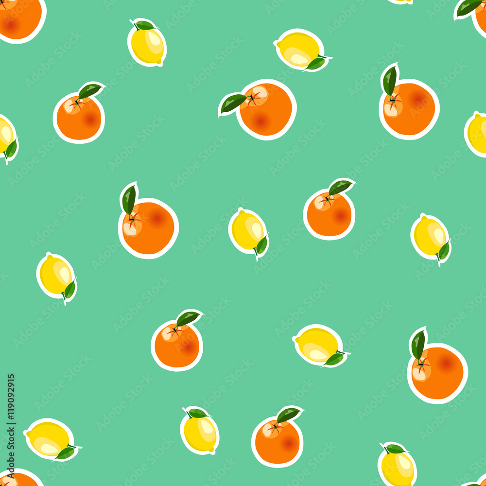 Seamless pattern with small lemon, orange stickers. Fruit isolated on a turquoise background Seamless pattern with small lemon, orange stickers. Fruit isolated on a turquoise background