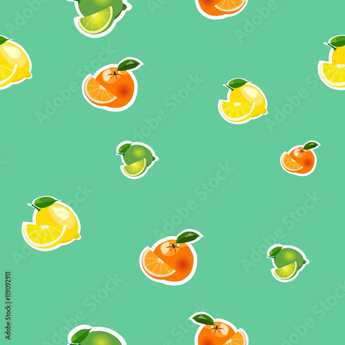 Seamless pattern with small lemon  orange  lime with slices. Fruit isolated on a turquoise background