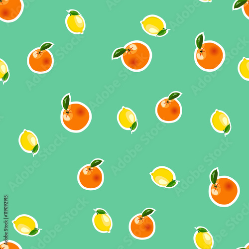 Seamless pattern with small lemon  orange stickers. Fruit isolated on a turquoise background