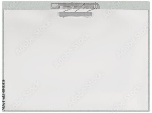 Horizontal clipboard, blank empty isolated white paper file copy space sheet texture background, large detailed closeup, communication concept metaphor photo