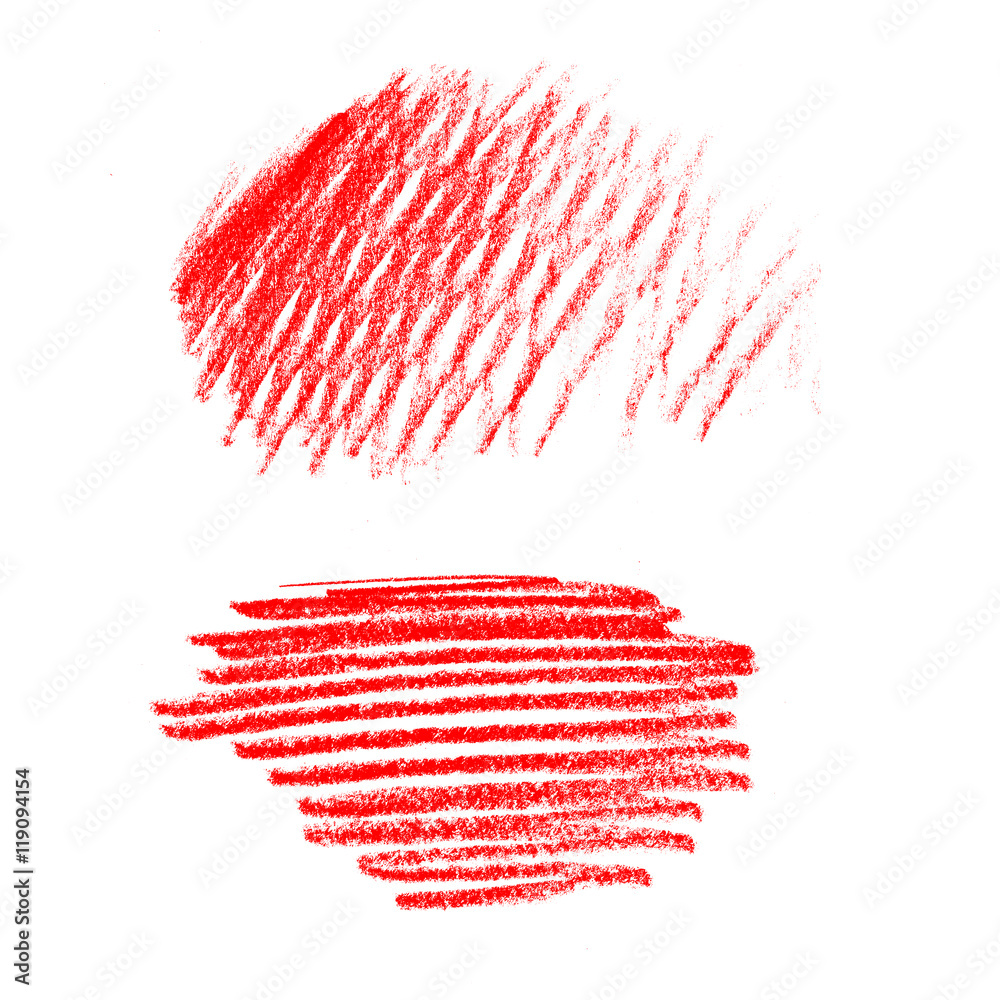Red crayon hand drawn strokes spot over the white background. Hatching colored pencil. Red crayon hand drawn strokes spot over the white background. Hatching colored pencil.