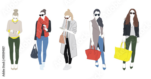 set of full length people fashionable woman standing sunglasses on. concept of young student millennial lifestyle