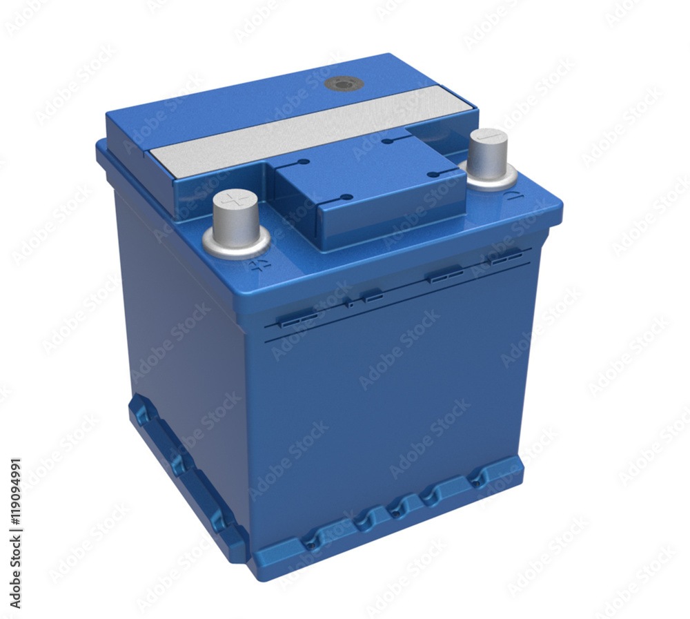 3D blue car battery with gray terminals on white 3D blue car battery with gray terminals on white
