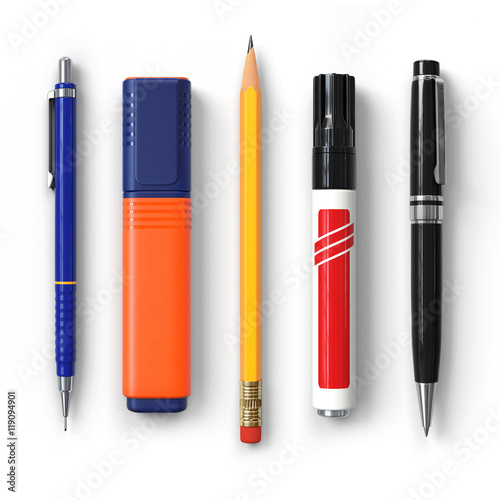 Pen.Pencil.Marker.Highlighter.Ballpoint.Set.3D rendering.Isolated on white background.Top view.