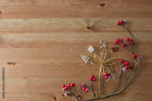 Christmas background with decorations.on wooden board