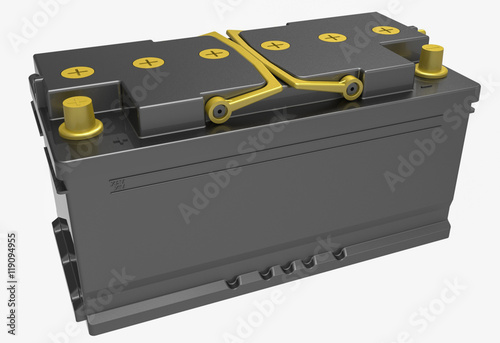 3D black truck battery with yellow terminals and handles on white