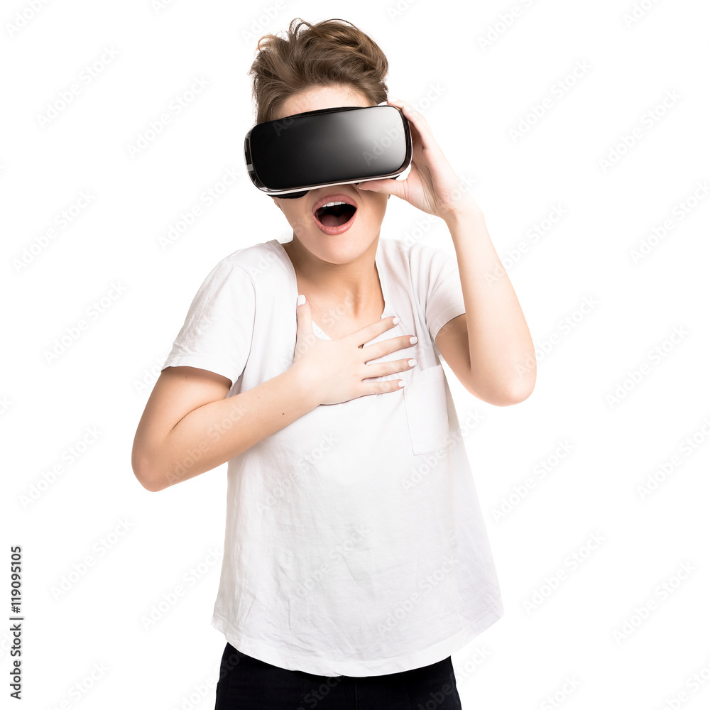 Girl getting experience using VR glasses of virtual reality Girl getting experience using VR glasses of virtual reality