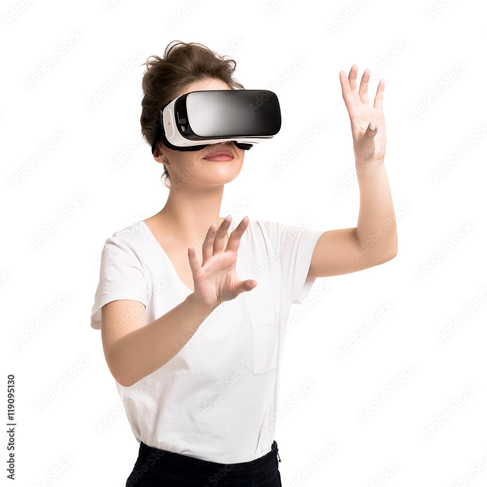 Girl getting experience using VR glasses of virtual reality Girl getting experience using VR glasses of virtual reality