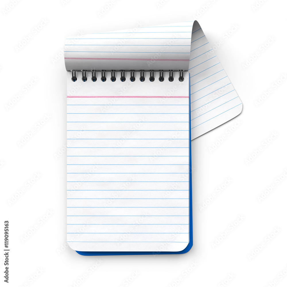 Notepad.Blank.Ruled paper.Turned page.3D rendering.Isolated on white ...