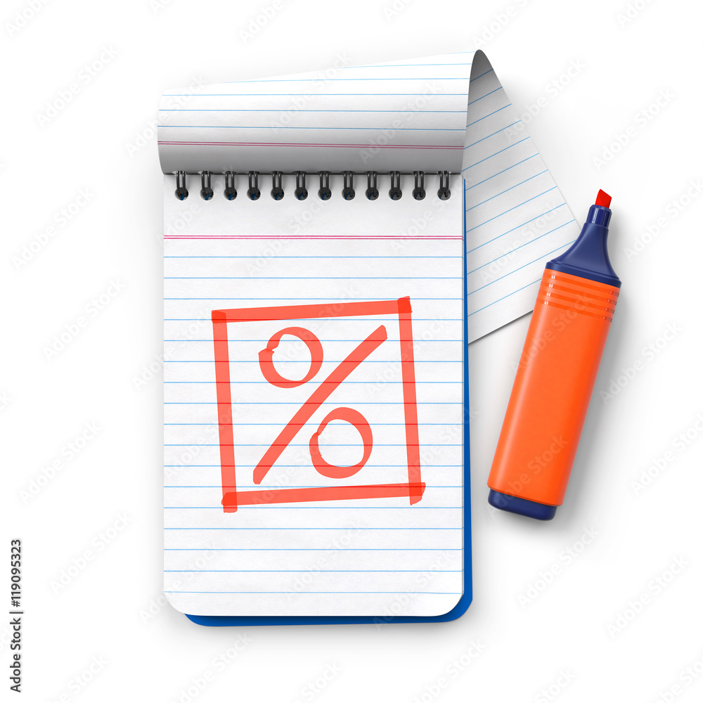 Notepad with orange highlighter and percent sign.3D rendering.Isolated ...