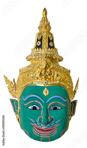 Green actor's mask used head wear for staging isolated on white background, The traditional culture pantomime in Thailand