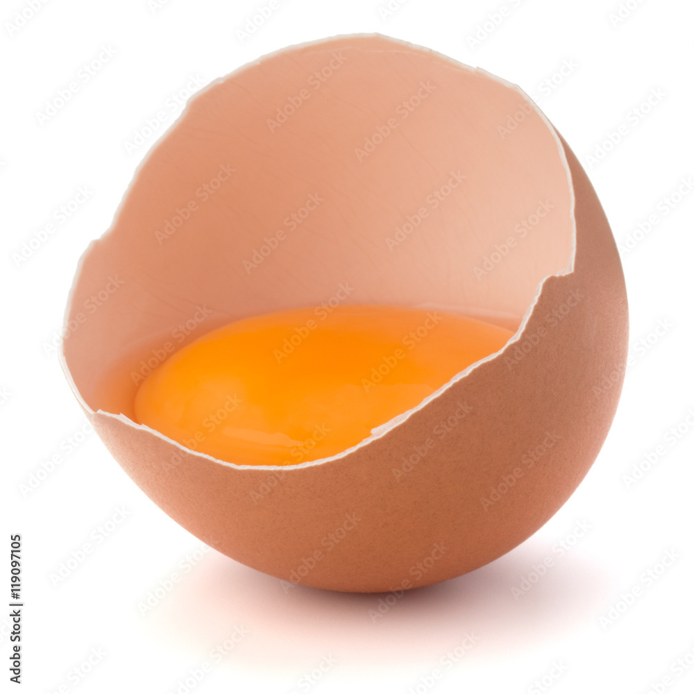 Broken egg in eggshell half isolated on white background cutout Broken egg in eggshell half isolated on white background cutout