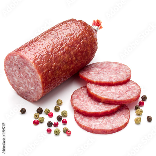 Salami smoked sausage and peppercorns isolated on white backgrou