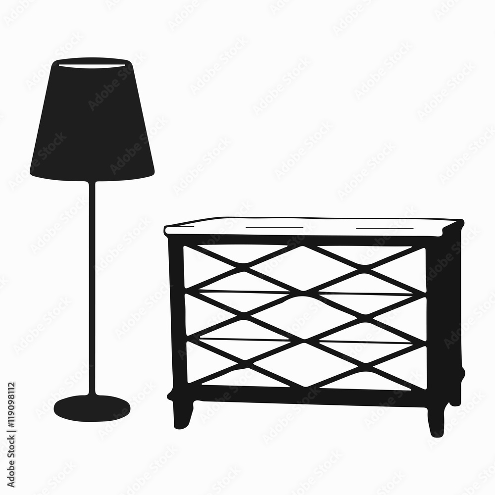 Sketch Furniture for Interior. Cupboard with lamp.  Classical living room. Flat style. Vector illustration on a white background.