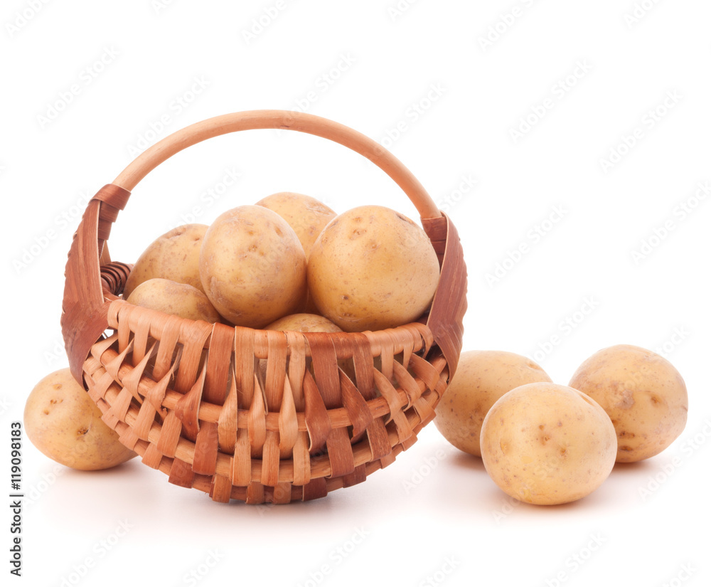Potato tuber in wicker basket isolated on white background Potato tuber in wicker basket isolated on white background