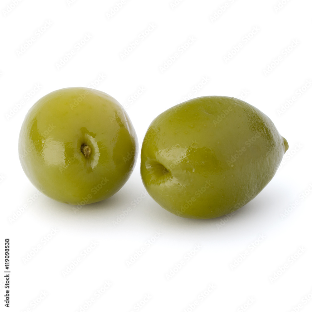 Obraz premium Green olives fruits isolated on white background cutout