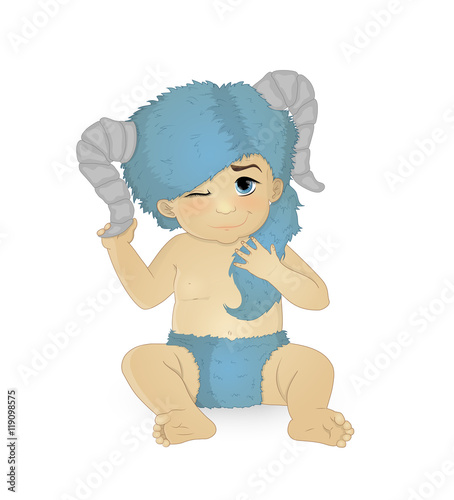 Cute little boy sitting in a suit Capricorn and embarrassed smiles, freehand drawing doodles vector illustration