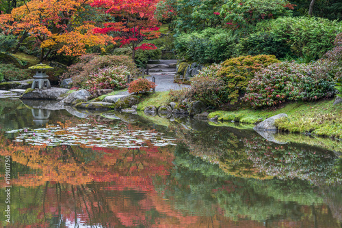 Autumn Colors Refleced in Pond in Japanese Garden