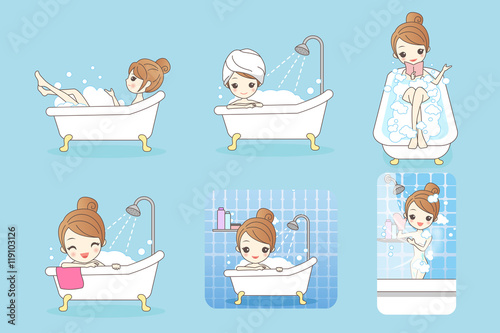 cartoon woman is taking  bath