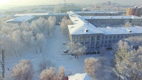 Aerial survey from the air. Winter. Irkutsk city. By state technical university