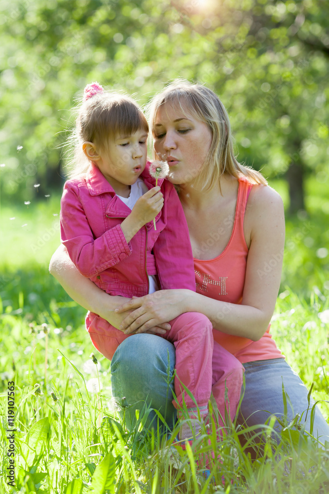 mother and daughter are blowing on white dandelion mother and daughter are blowing on white dandelion