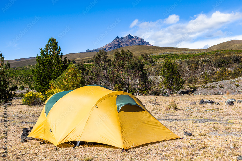Camping with yellow tent