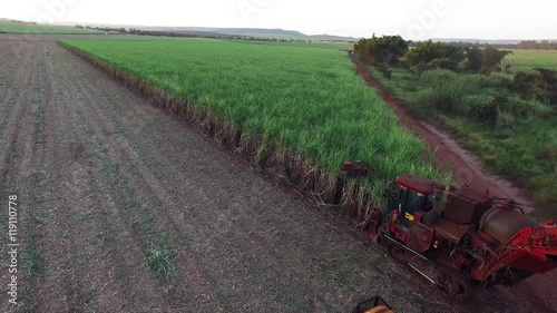 Mechanical harvesting sugar cane field in Sao Paulo Brazil at sunset - Aerial statical film with drone over combine harvesting sugar cane field at sunset - sugar cane plantation photo