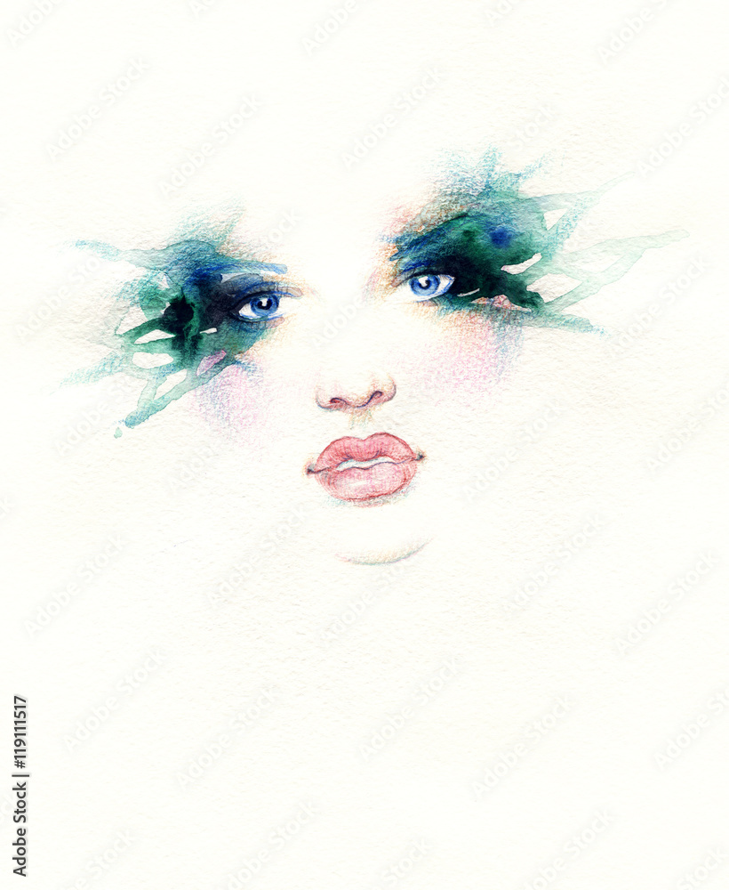 Fototapeta Beautiful woman face. Abstract fashion watercolor illustration