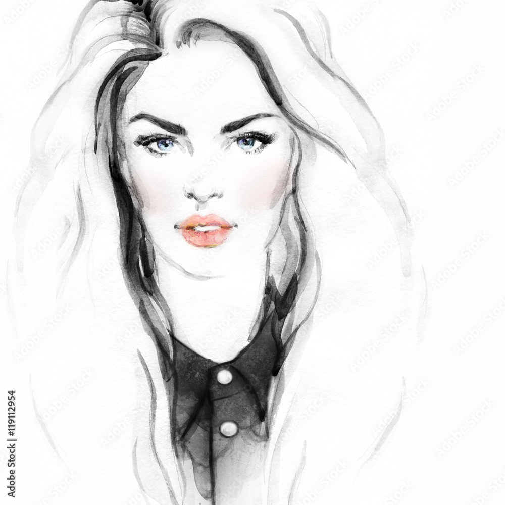 Beautiful woman face. Abstract fashion watercolor illustration Beautiful woman face. Abstract fashion watercolor illustration