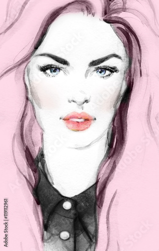 Fototapeta Naklejka Na Ścianę i Meble -  Beautiful woman face. Abstract fashion watercolor illustration