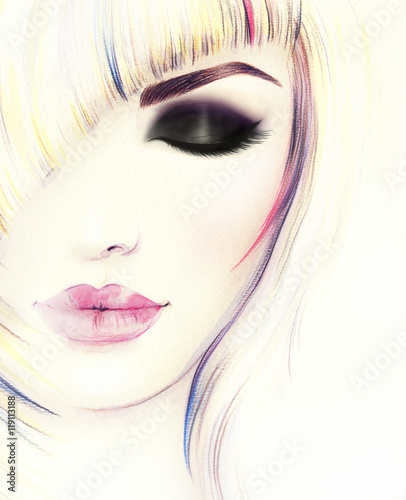 Beautiful woman face. Abstract fashion watercolor illustration