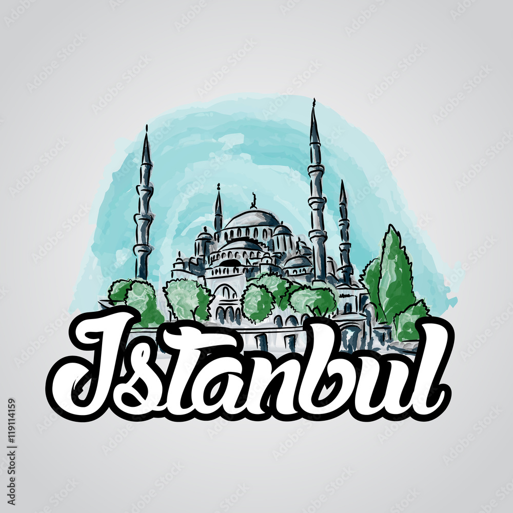 Istanbul hand drawn vector sketch illustration blue mosque.