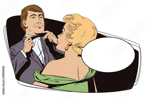 Proud guy adjusting his bow-tie. Girl terrified by this.