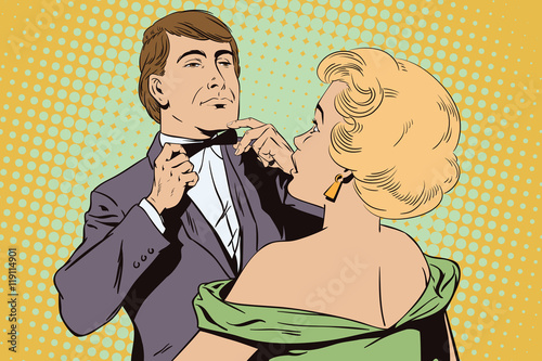 Proud guy adjusting his bow-tie. Girl terrified by this.