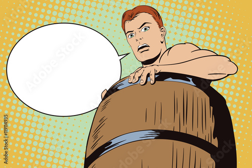Naked man inside a barrel. Ruin and debts.
