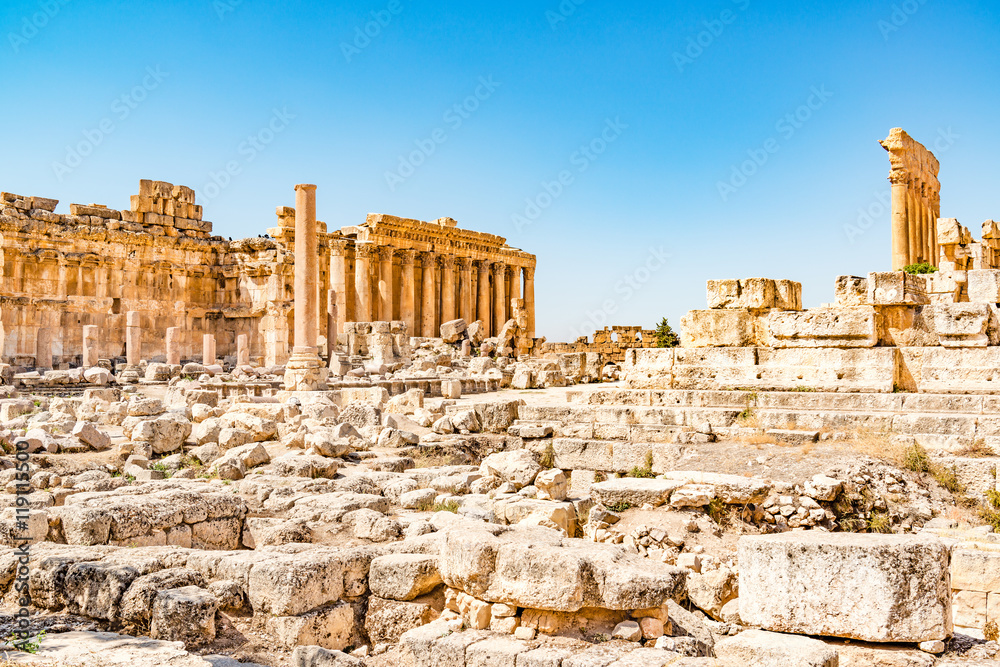 Baalbek in Beqaa Valley, Lebanon. Baalbek is located about 85 km northeast of Beirut and about 75 km north of Damascus. It has led to its designation as a UNESCO World Heritage Site in 1984.