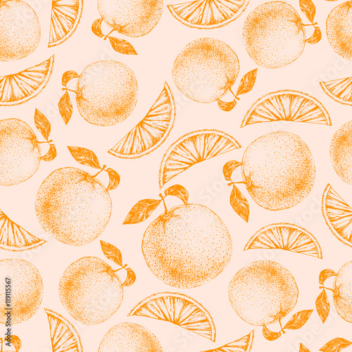 Seamless orange pattern. Fresh fruit skech backgound