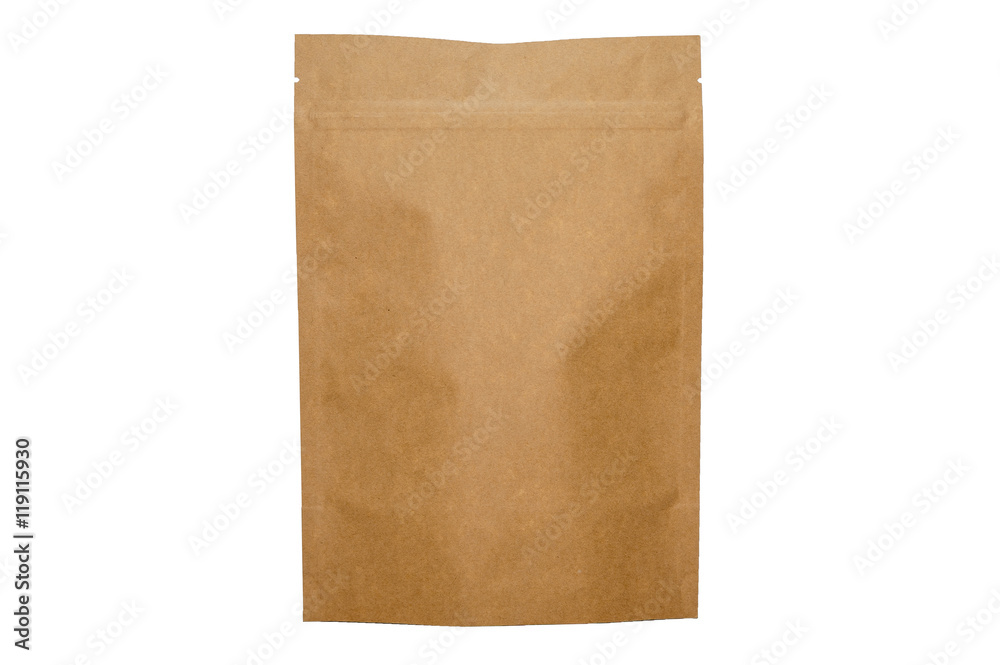 Sealed paper bag with zipper on white background