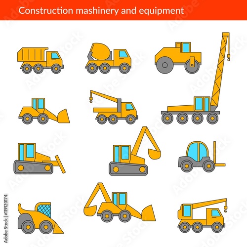 Construction machines thin icons. Vector line  of building machinery.