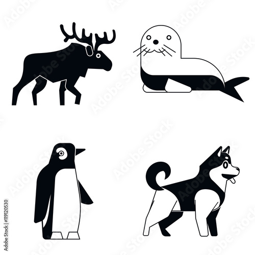 Polar animals in simple style on white shadow