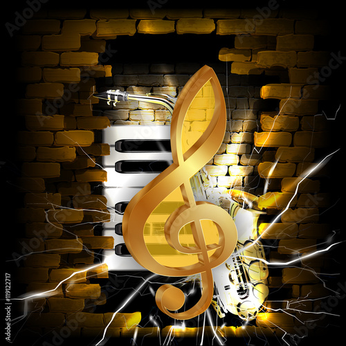 Golden treble clef on a background of  brick wall