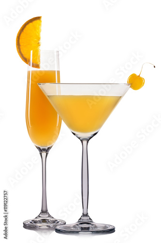 Set of orange cocktails with decoration from fruits and colorful straw isolated on white background
