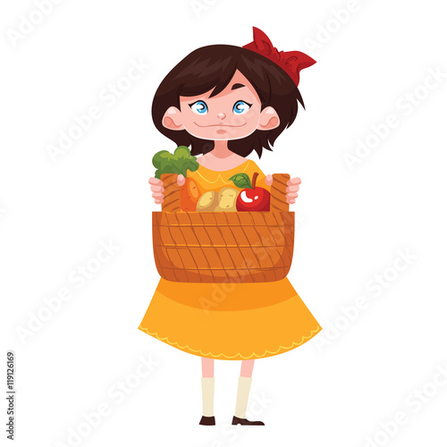 Caucasian girl standing and holding baskets of freshly harvested fruits and vegetables, cartoon style vector illustration isolated on white background. Happy child gardening concept