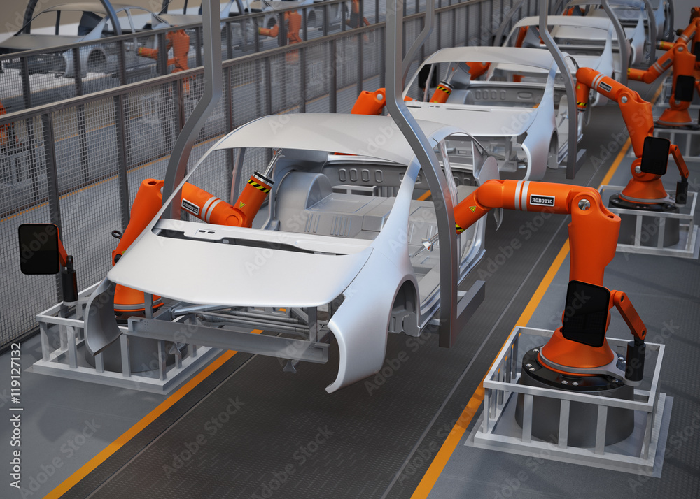 Electric vehicles body assembly line. 3D rendering image. Electric vehicles body assembly line. 3D rendering image.