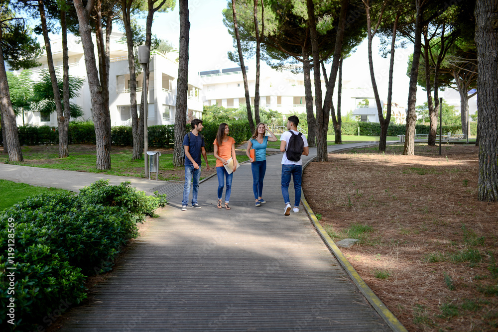 group of young students walking together in a high school university campus group of young students walking together in a high school university campus