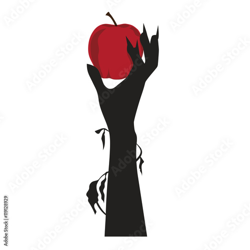 Creepy Hand Hold a Red Apple, Halloween Vector Illustration