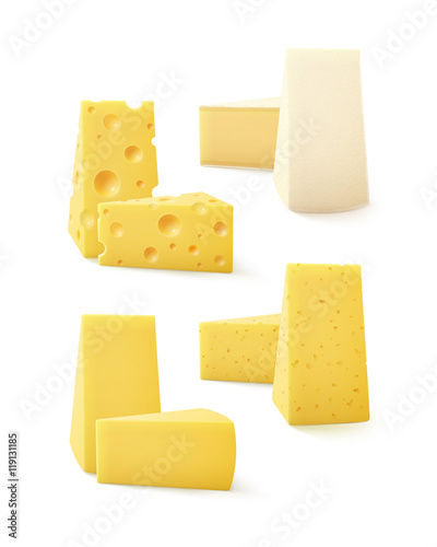 Set of Triangular Pieces Various Kind Cheese Swiss