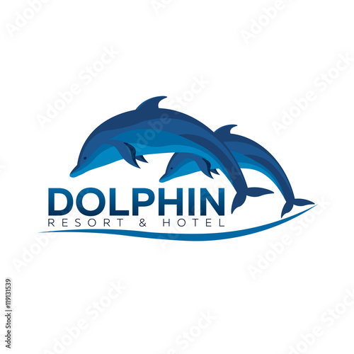 Dolphinarium. Dolphin logo. Resort and Hotel. Vector flat illustration.